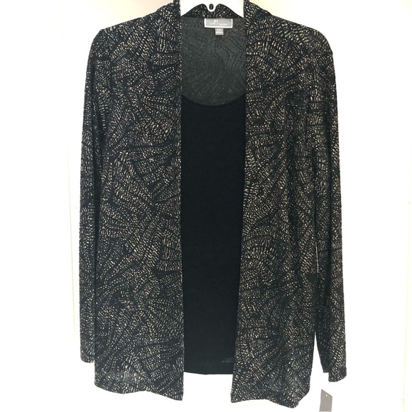 JM collection black long sleeve gold metallic open front cardigan - Picture 3 of 14